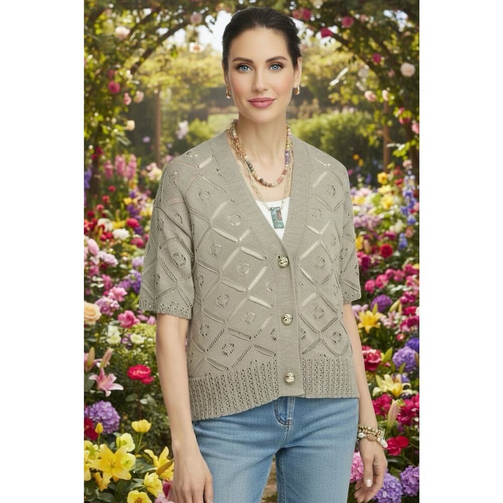 Chico’s Sz 3 US XL Short Button-down Cardigan Washed Sage Green XL Gold Buttons